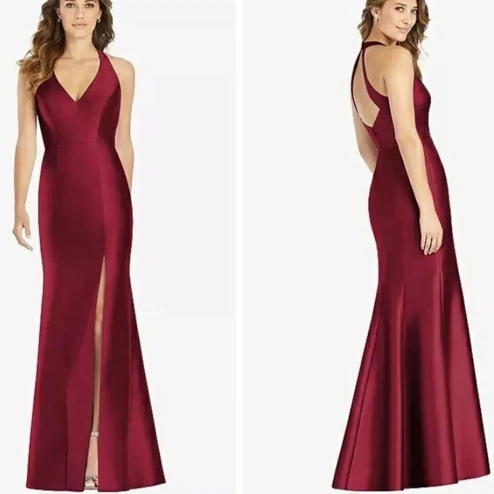 NEW Alfred Sung V-Neck Satin Trumpet Gown with Side Slit, Burgundy #D761 - Picture 1 of 14